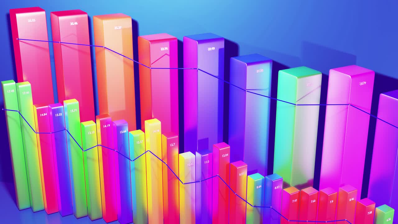 Abstract looped infographics background with multicolored 3d bars on blue bg. Downgrade graph from columns. Economic background with copy space in 4k. 3d bars as chart of statistic data.