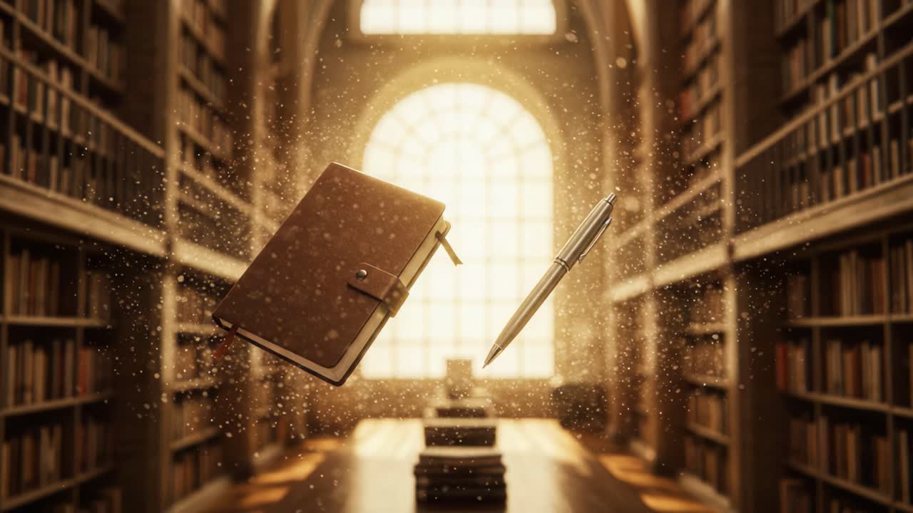 A Serene Library Scene with Floating Notebook and Pen Illuminated by Soft Light, Symbolizing Inspiration and the Art of Writing in a Scholarly Environment