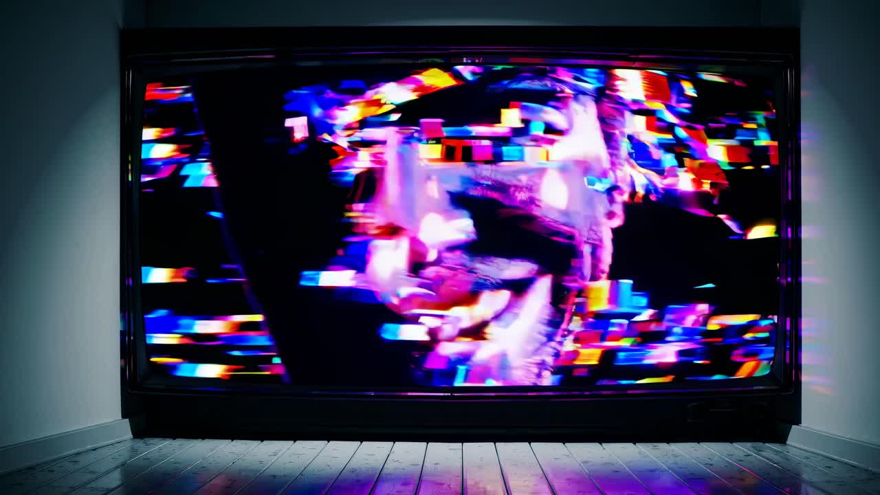 En videoskjerm viser fargerik glitch-kunst fra en rett på-vinkel, og skaper en digital, abstrakt