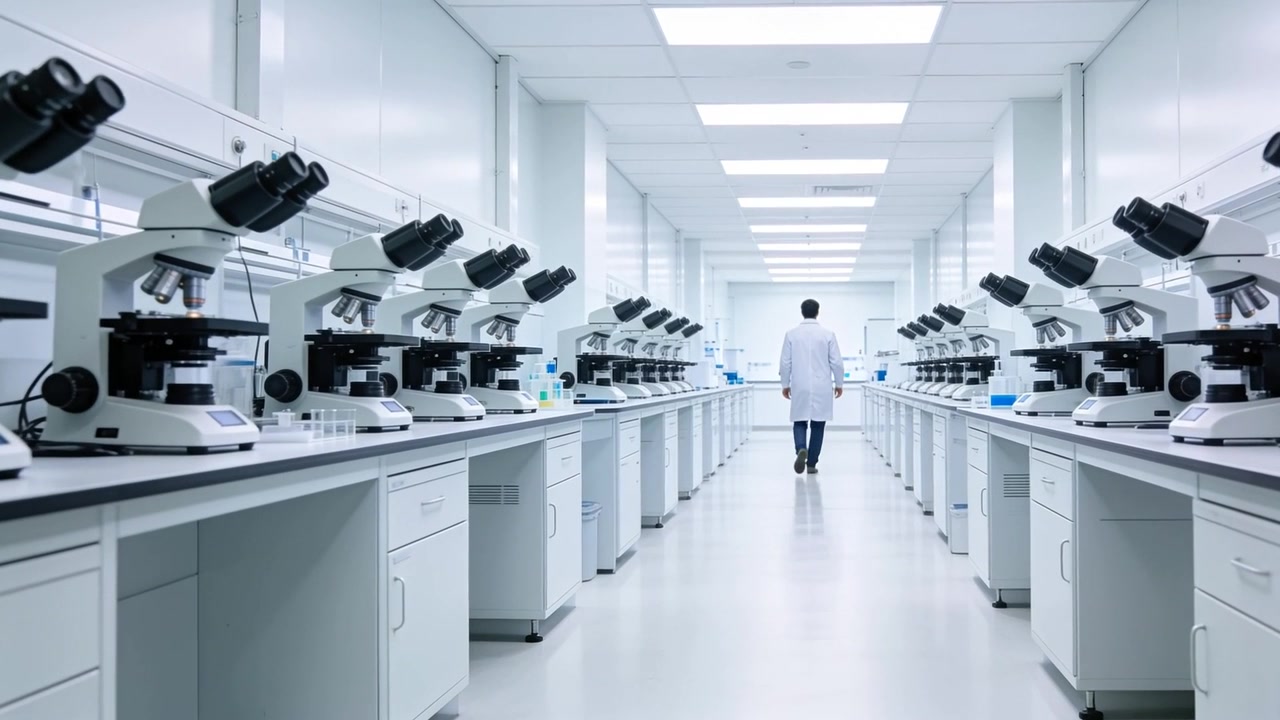 Walking male researcher in white lab coat moving down central laboratory aisle, passing microscopes