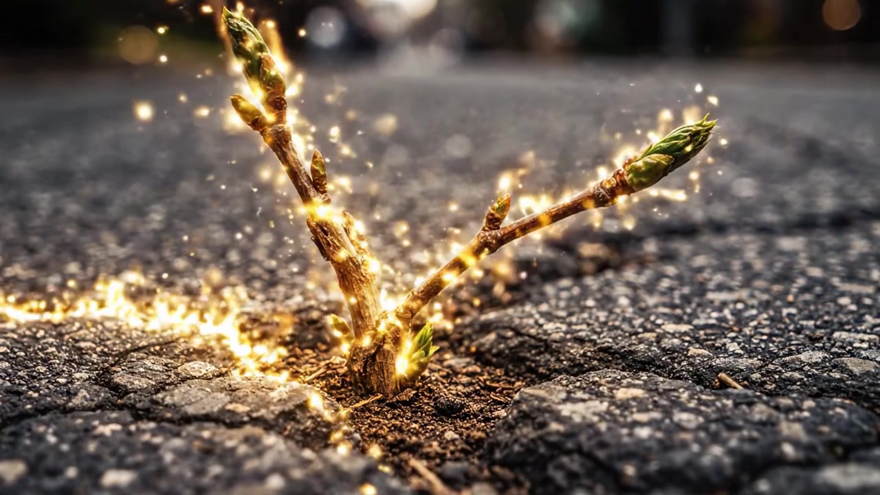 The Resilient Growth: A Remarkable Journey of Nature Pushing Through Asphalt as Sprouts Emerge from Cracks and Ignite with Vibrant Energy in an Urban Landscape