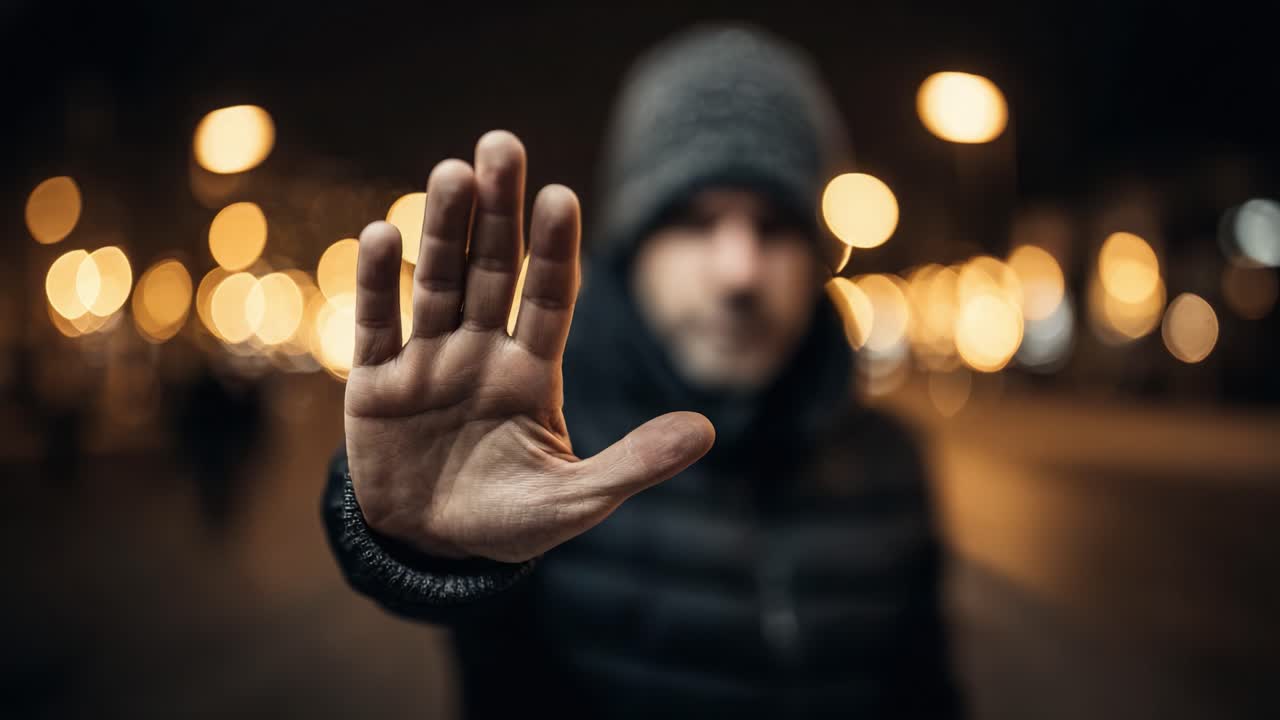 A man standing in an urban environment at night raises his hand in a stop gesture, conveying a sense of caution and awareness amidst a backdrop of glowing lights