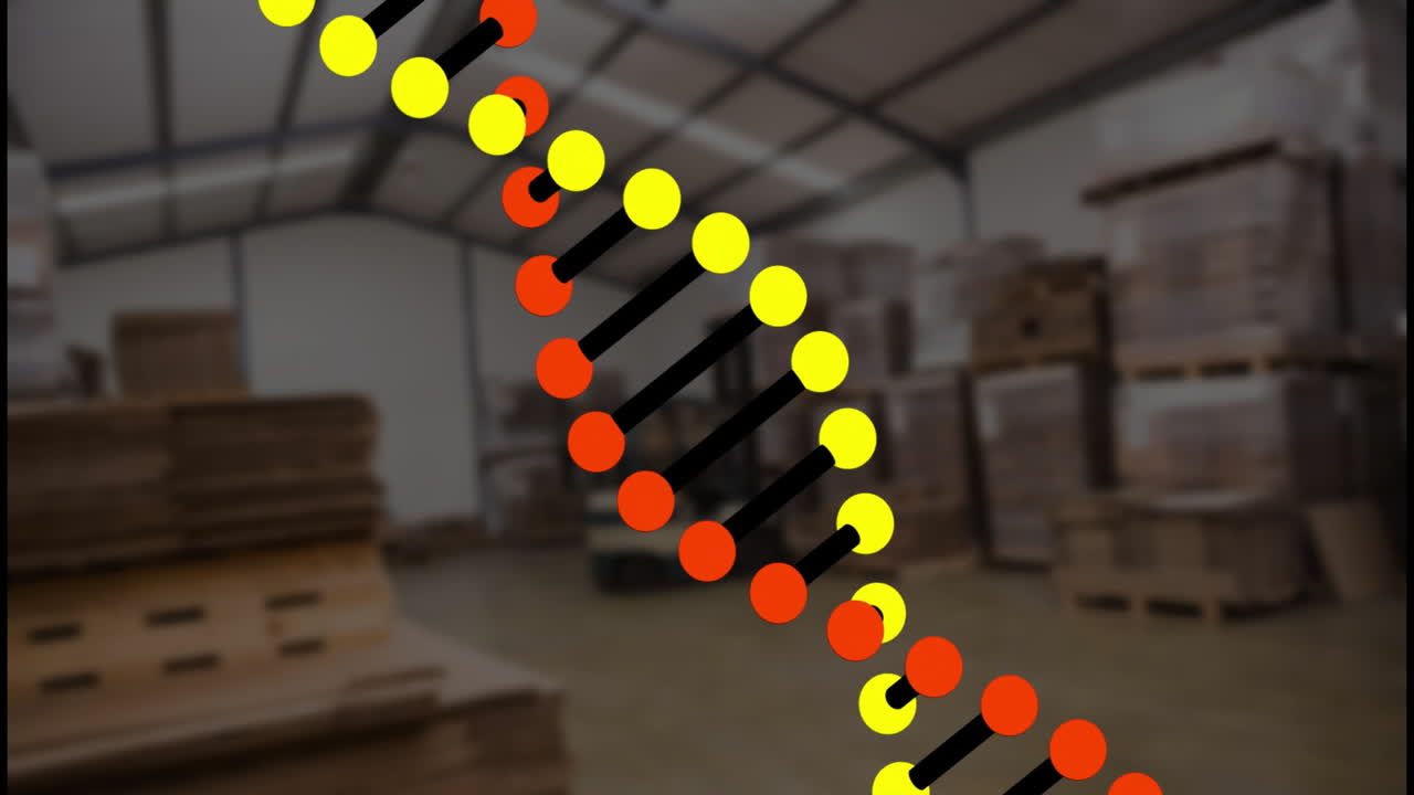DNA strand animation over warehouse with stacked boxes and pallets