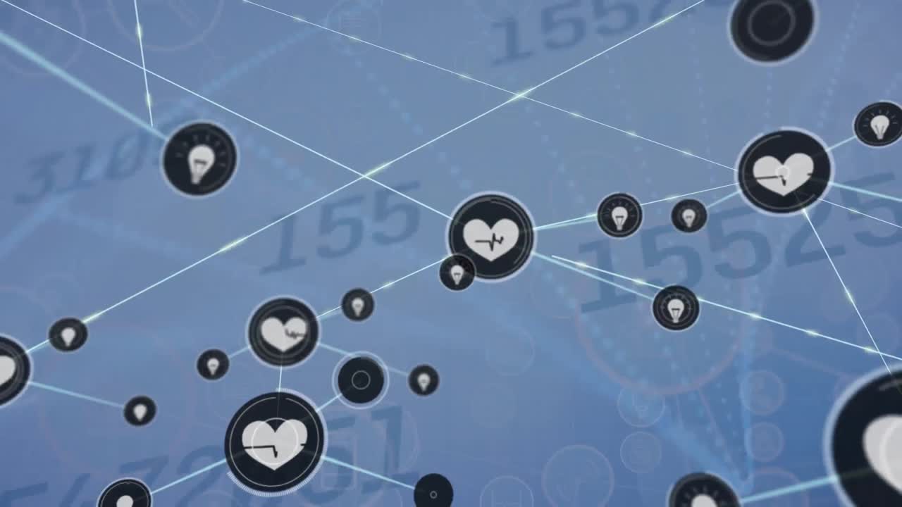 파란색 배경에 디지털 아이콘과 데이터 처리로 연결 네트워크의 애니메이션