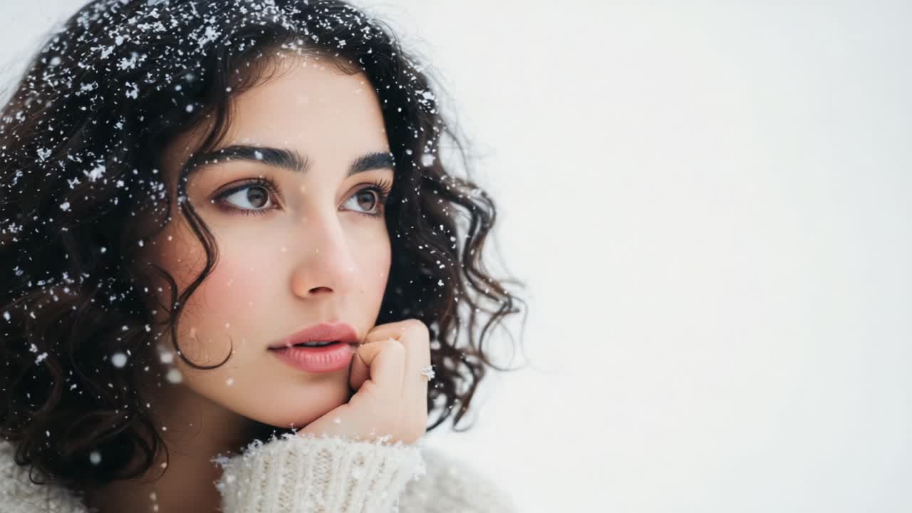 A Close-Up Portrait of a Thoughtful Young Woman with Curly Hair, Captured in a Dreamy Snowy Landscape, Evoking a Sense of Serenity and Wonder in the Winter Season
