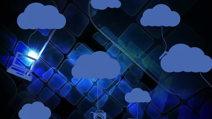 Animation of clouds with icons over moving shapes