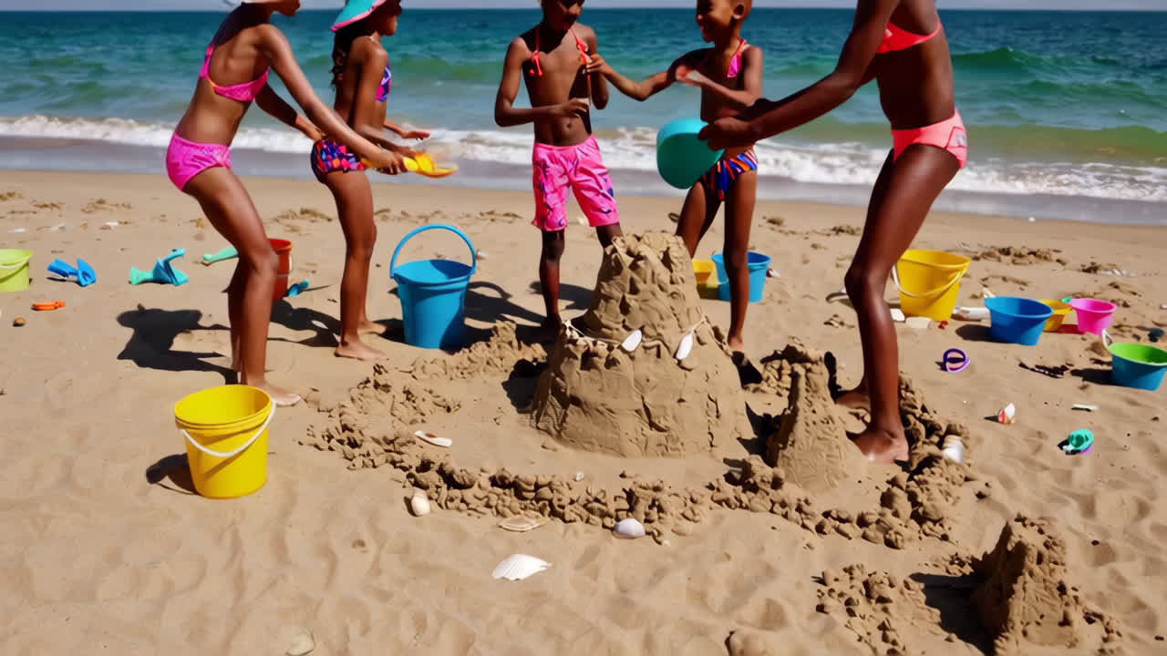 아이들이 해변에 모래 성을 짓고 있습니다.