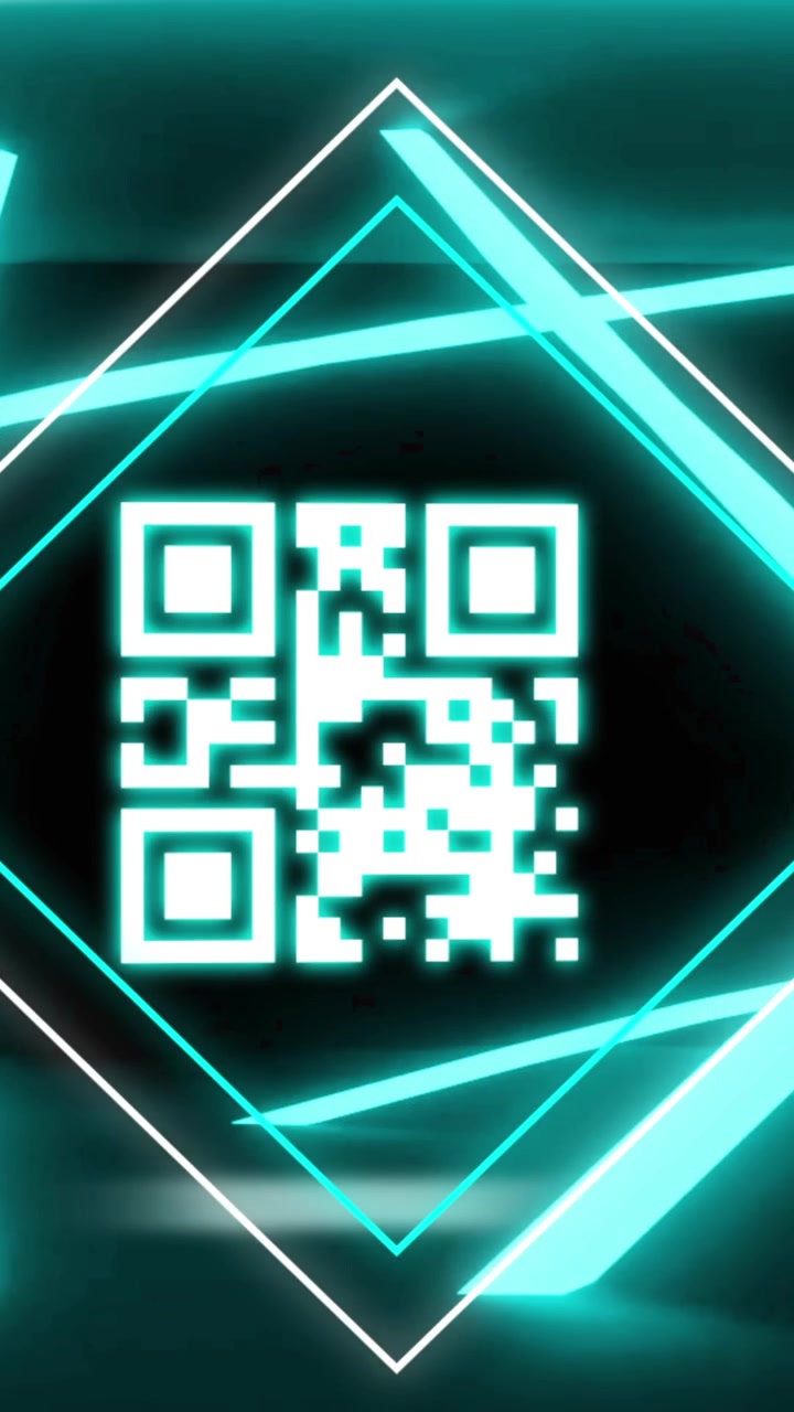 Animation of glowing qr code over neon geometric shapes