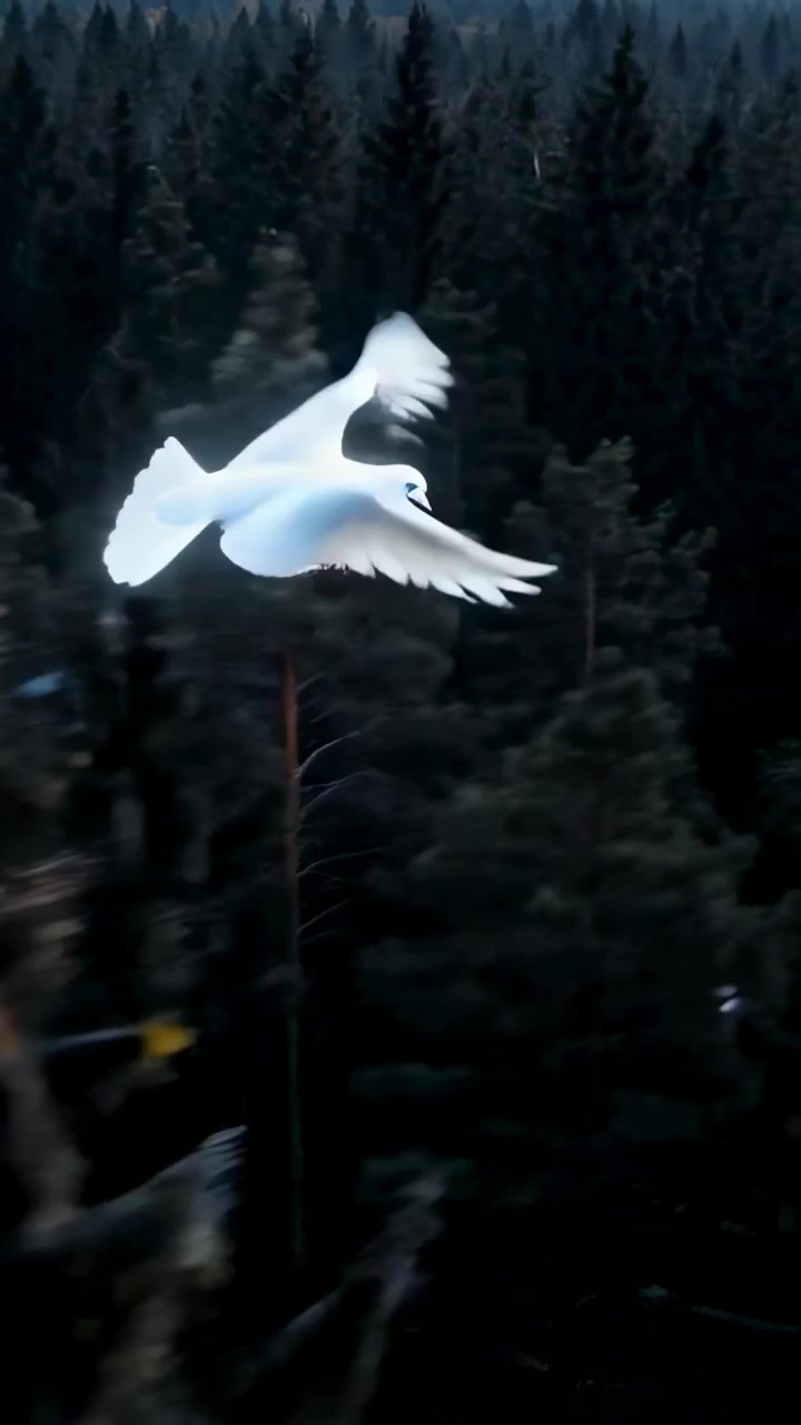 Vertical video: Drone tracking single white bird banking and dipping over dusk forest seeking roost