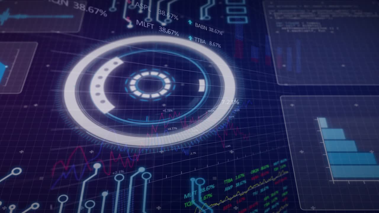 Central HUD reticle brightening and rotating, circuit traces rising, widgets updating, running scan