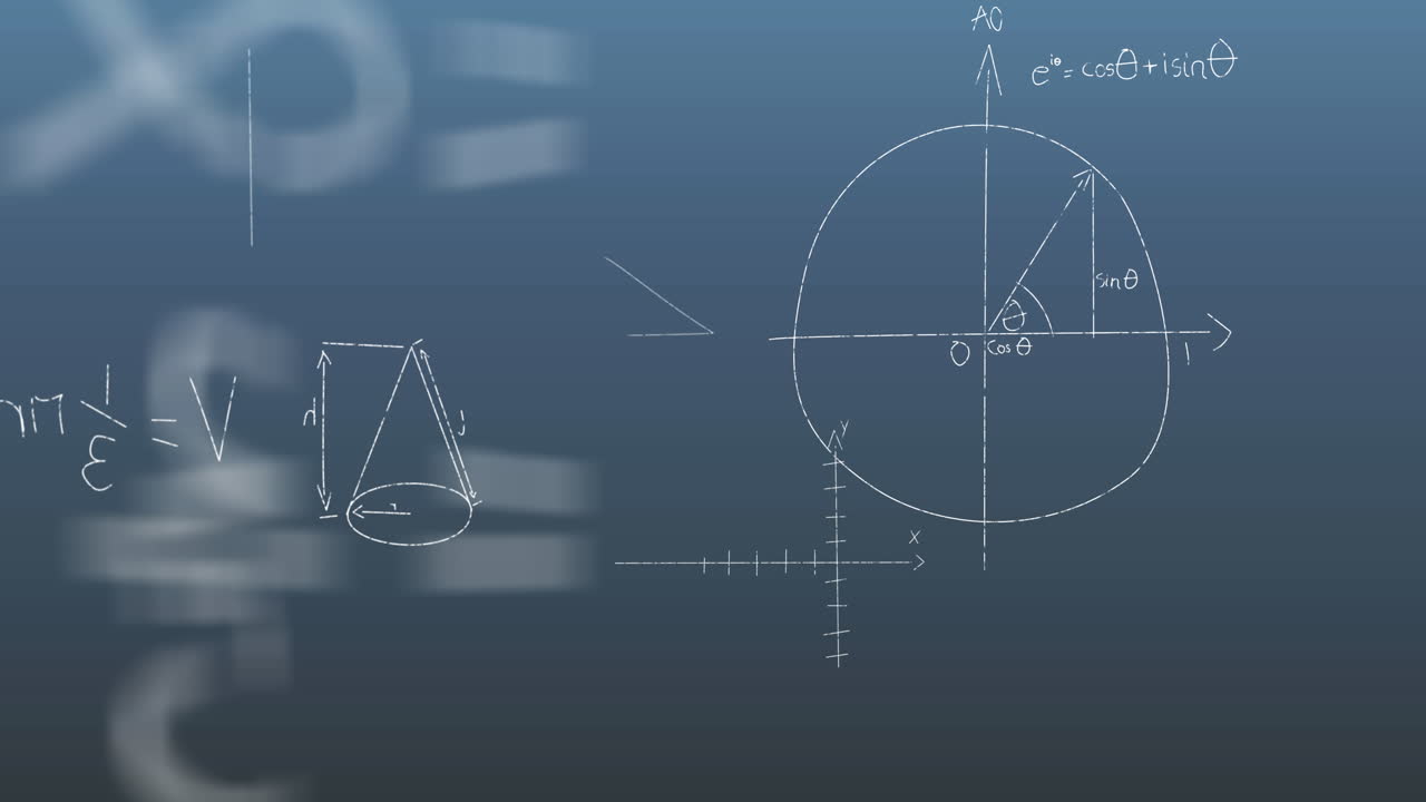 추상적인 배경에 대한 수학적 다이어그램과 방정식의 애니메이션