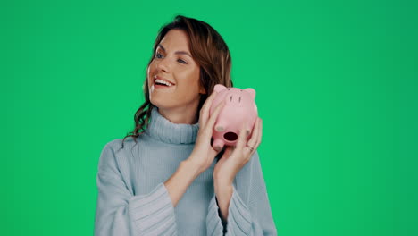 Smile,-savings-and-woman-shaking-piggy-bank