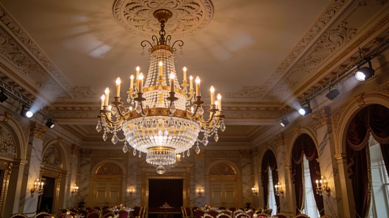 La telecamera si allontana, rivelando un lampadario che diffonde luce su una sala banchetti per mostrare l'allestimento per la cena.