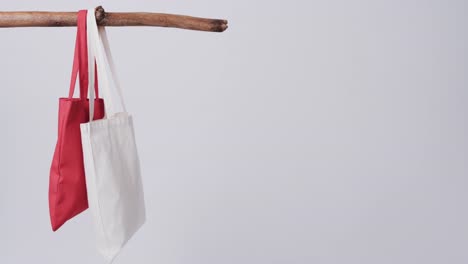 Video-of-red-and-white-canvas-bags-hanging-from-branch-with-copy-space-on-white-background