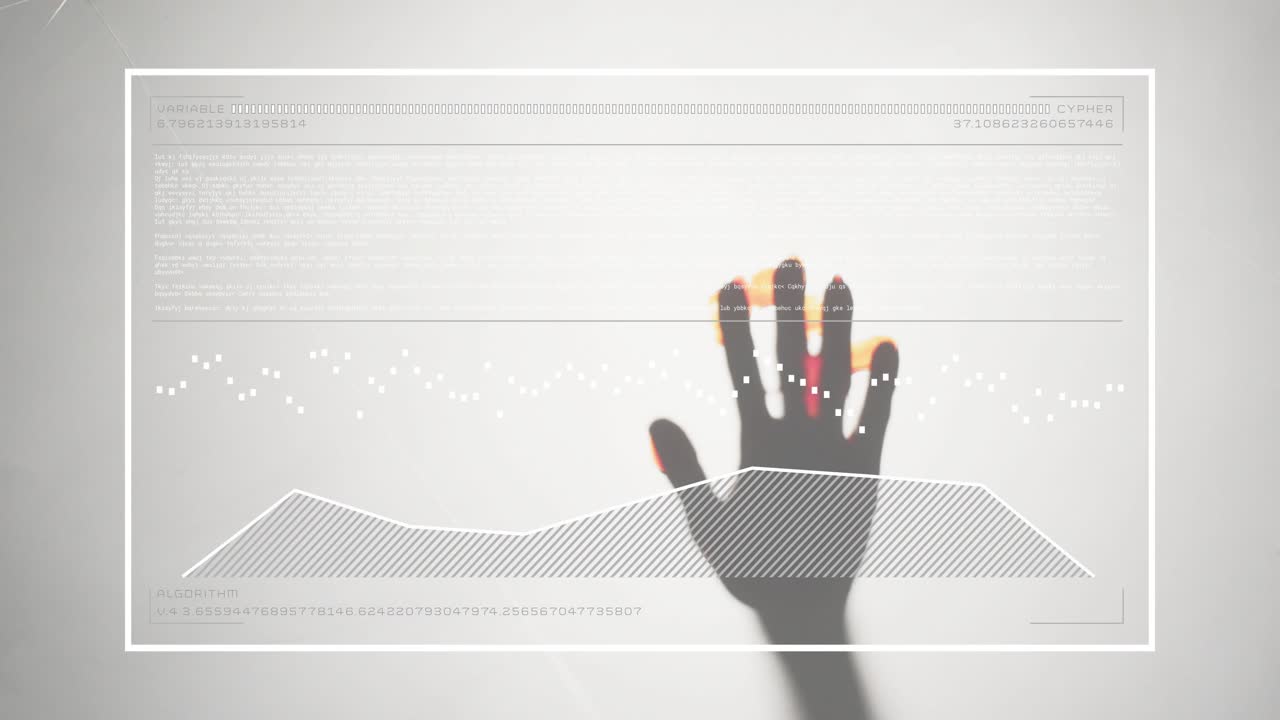Mano a silhouette che entra nell'interfaccia, facendo salire punti dati e grafici sotto il palmo per una visione approfondita.
