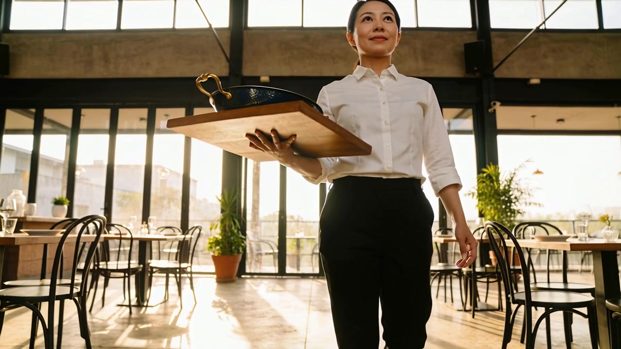 Walking server carrying board with skillet toward lens in sunlit cafe, placing dish in white shirt