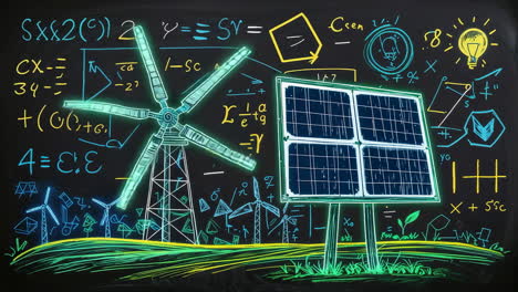 chalkboard illustration of renewable energy concepts with solar panels and wind turbines