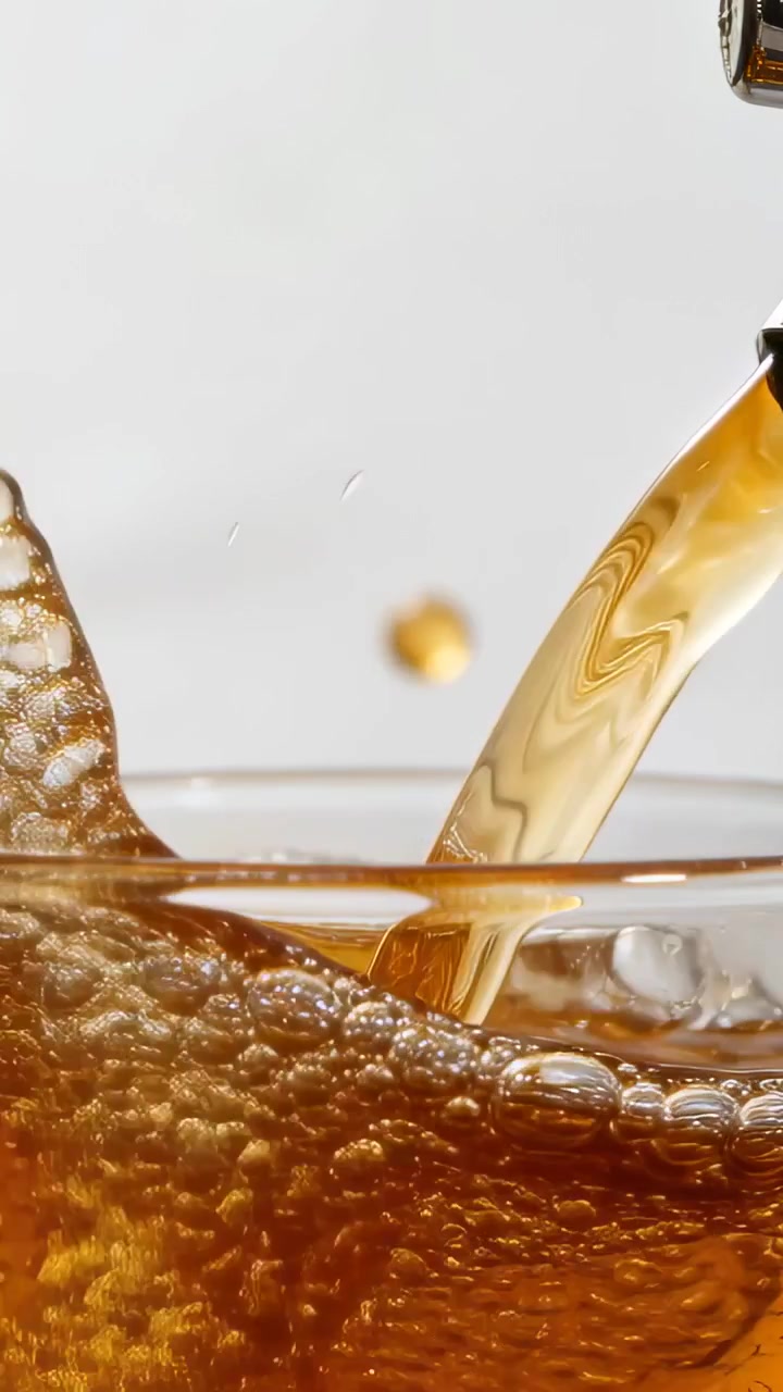 Video verticale: Bicchiere che si riempie di liquido ambrato da un beccuccio metallico in uno studio, formando bolle.