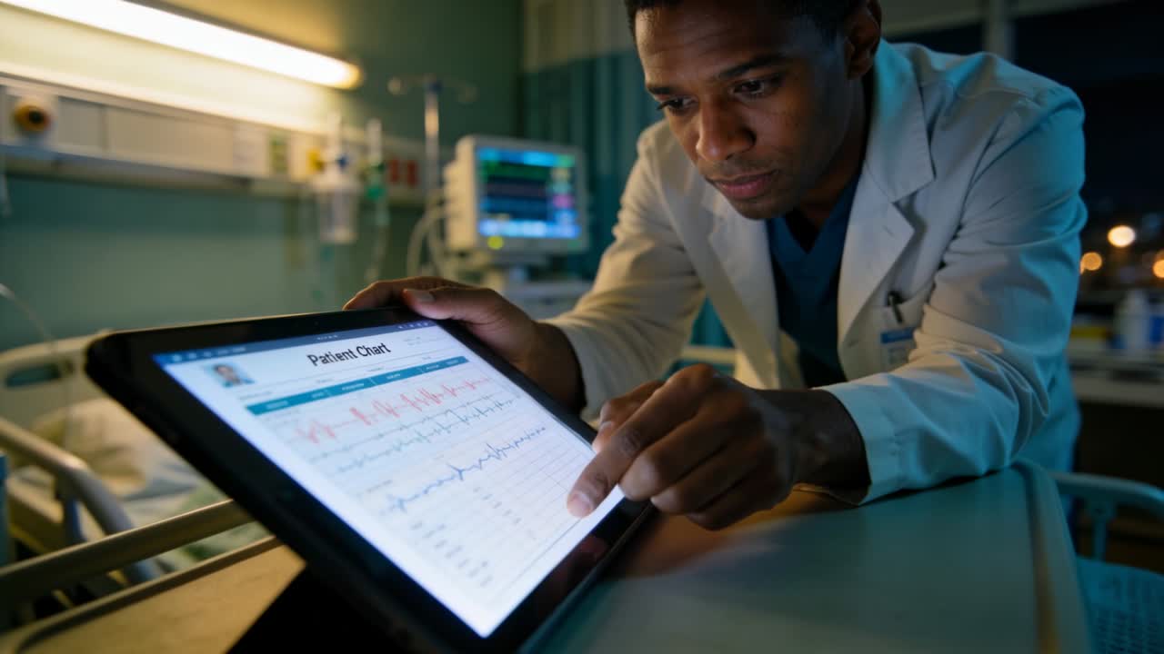 Male physician stabilizing tablet, tracing on-screen ECG graphs and correlating health data