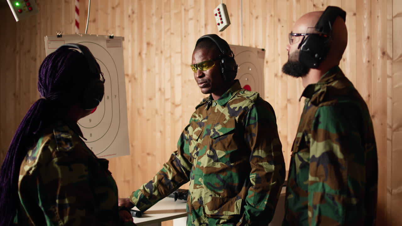 retrato de soldados del ejército felices en la galería de tiro comparando objetivos disparados