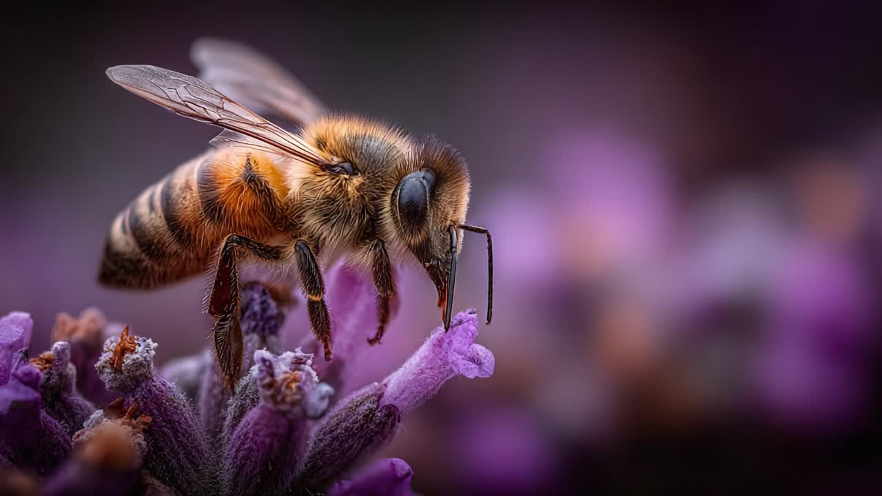 An Up-Close Encounter with a Honey Bee Pollinating a Beautiful Lavender Flower in Stunning Macro Detail