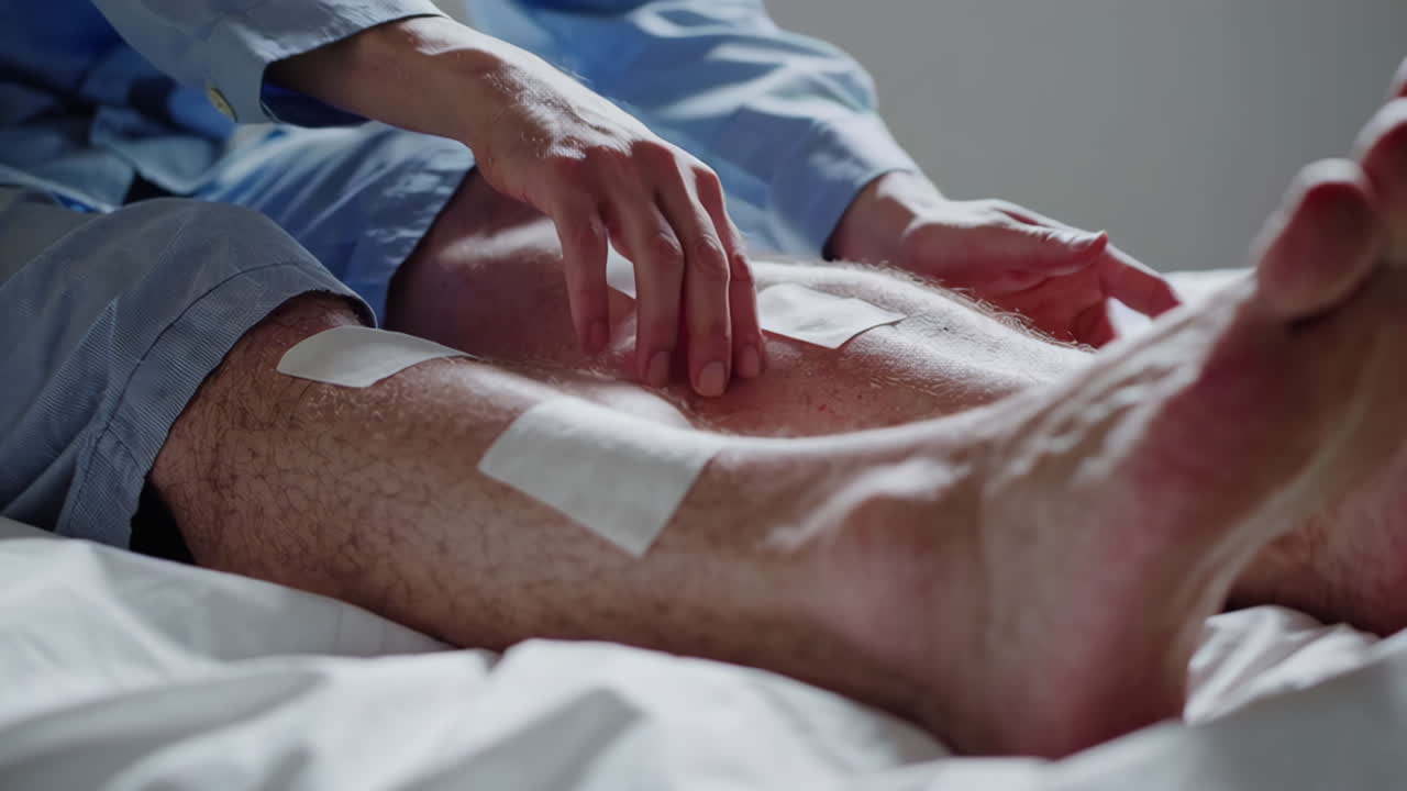 Pierna lesionada con parches médicos