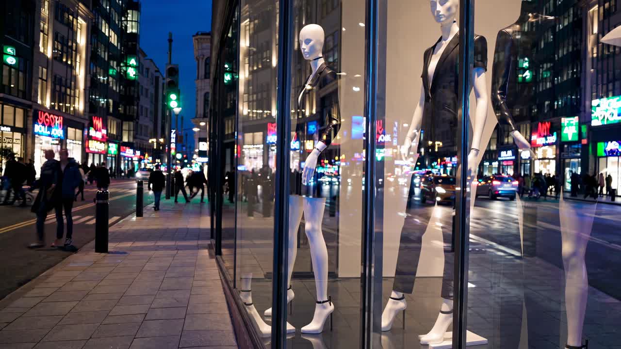 Street-level video shot of a city at dusk, showcasing mannequins in a store window