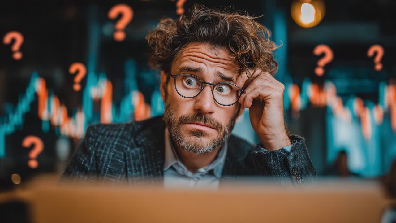 A Pensive Individual Contemplating Uncertainty Amidst Data Visualizations and Question Marks, Reflecting Concern and Dilemma in a Modern Setting