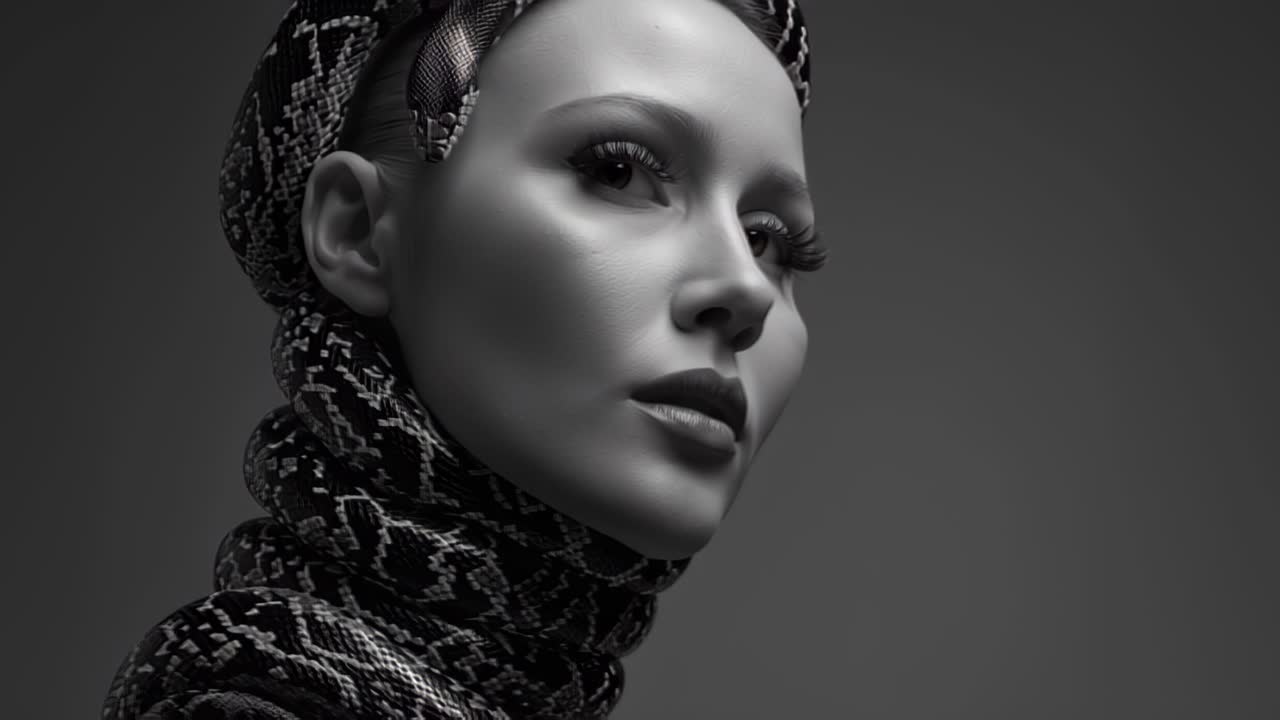 Imagens dramáticas de estúdio de uma modelo com uma píton enrolada na cabeça e pescoço, iluminação monocromática e espaço para texto, conceito de perigo, beleza e poder
