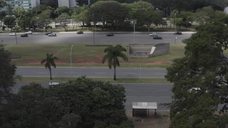 Brasilia-Capital-city-road-network,-automobiles-moving-downtown,-aerial