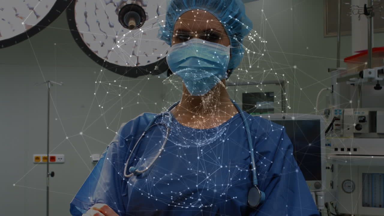 animación del globo con red de conexiones sobre la cirujana en el quirófano
