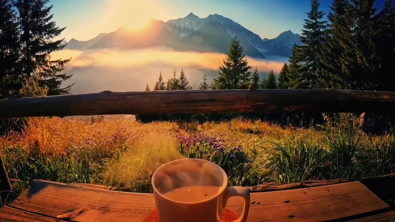 Dampfende Kaffeetasse auf Holzbalkon mit Bergblick