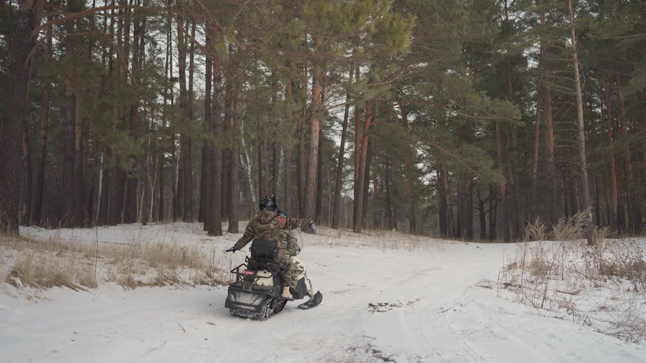 Un pilota isolato naviga su un sentiero innevato. Un singolo pilota si muove attraverso il terreno boschivo invernale. Un pilota solitario guida abilmente la motoslitta lungo un sentiero tortuoso nella foresta in un silenzioso paesaggio invernale.