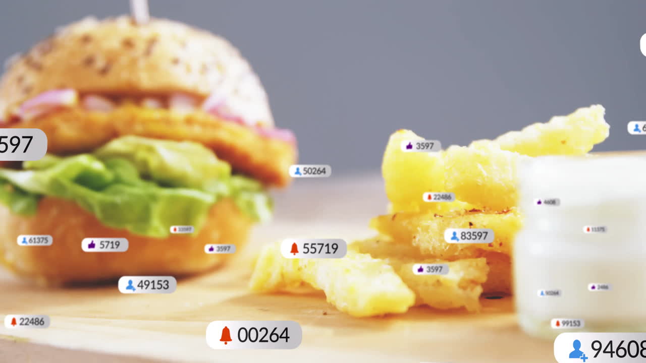Animation of burger and fries with social media notification icons overlaying