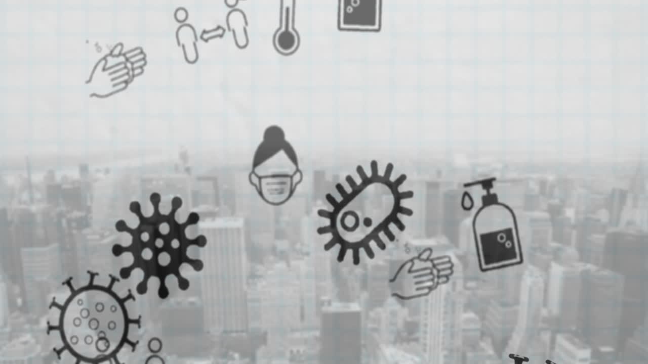 코로나바이러스 콘셉트 아이콘과 도시 풍경