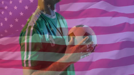 animation of caucasian male soccer player over flag of usa