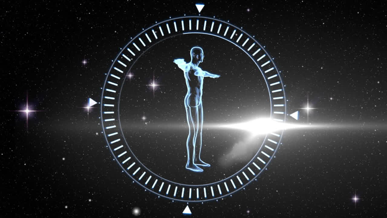 modelo del cuerpo humano sobre un círculo girando contra el espacio en el fondo