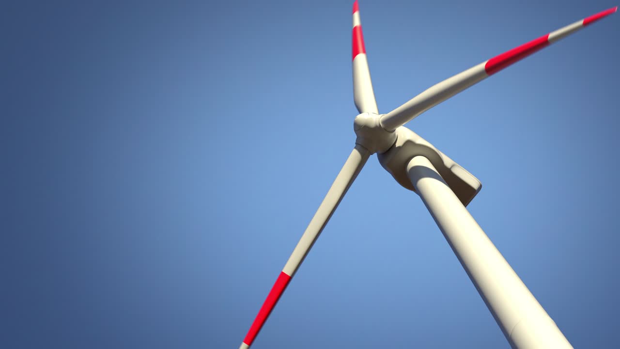 푸른 하늘을 배경으로 은 오후에 풍력 터빈의 근접 면 뷰, 루프