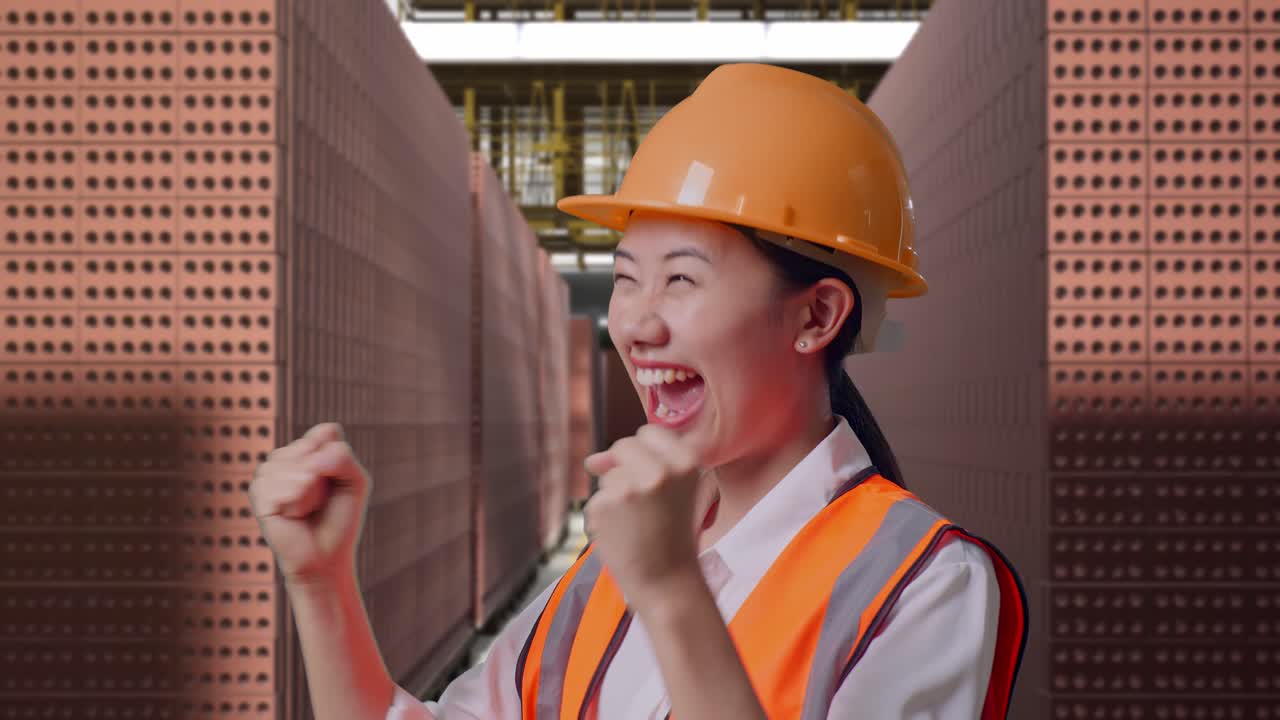 Close Up Of Side View Of Asian Female Engineer With Safety Helmet Screaming Goal Celebrating Working With Red Brick Packed in Stacks Are Stored
