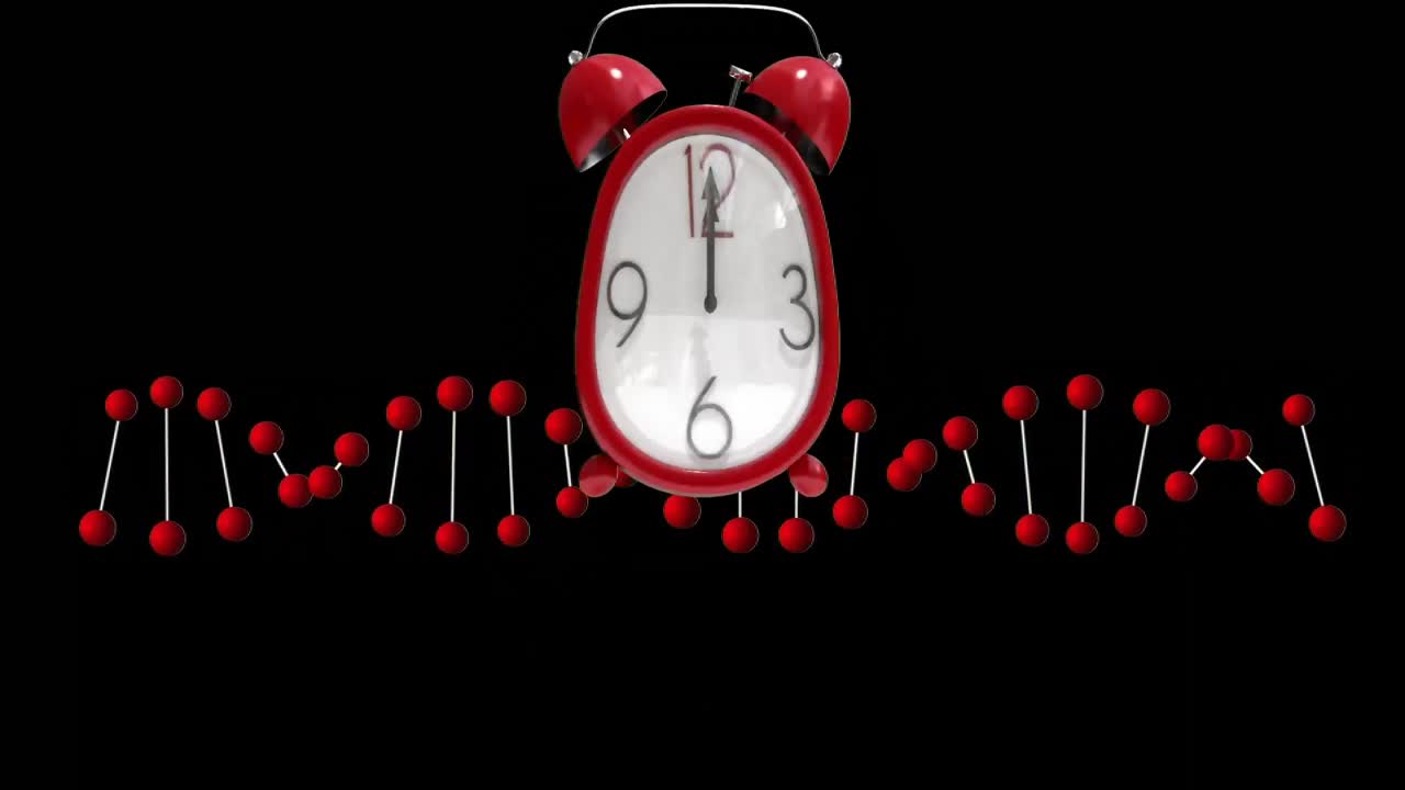 검은 바탕에 있는 dna 가닥 위로 움직이는 시계의 애니메이션