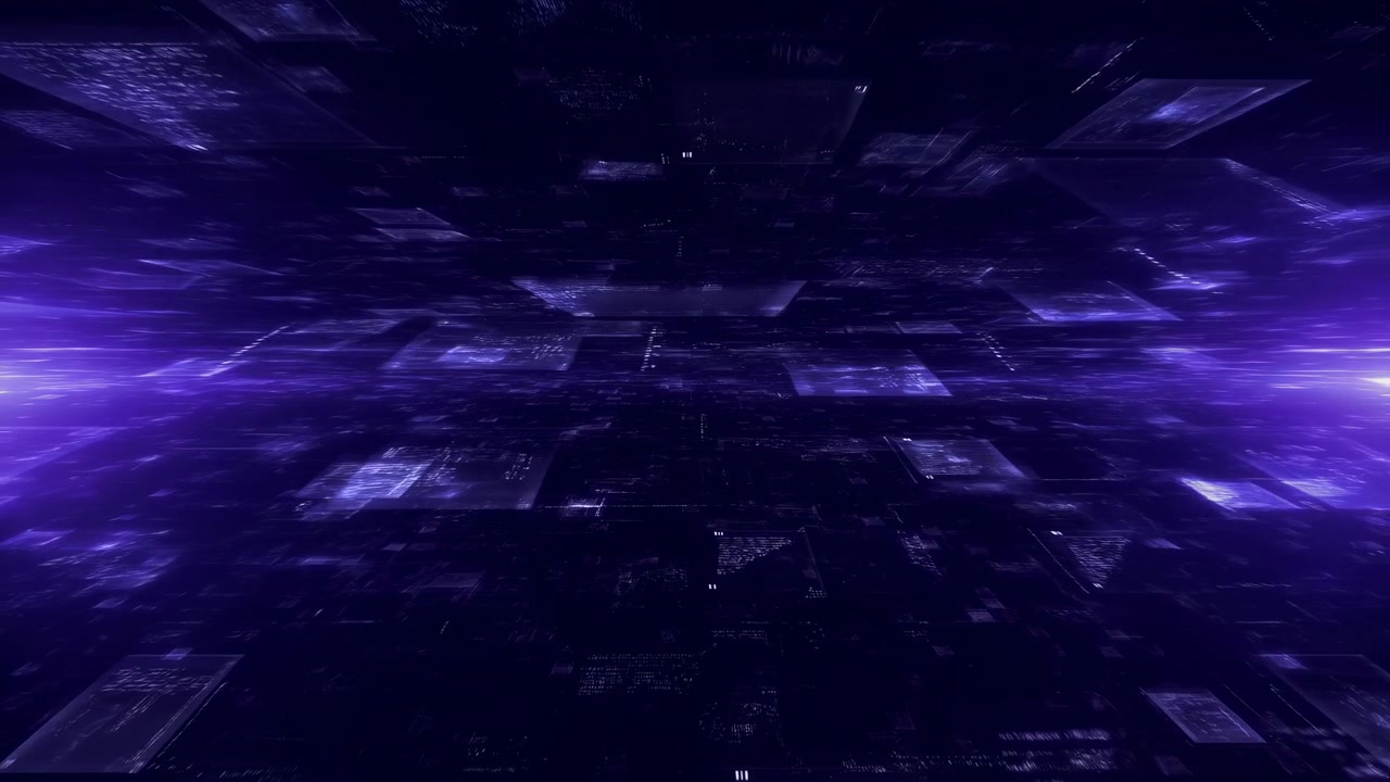 Futuristic purple and violet light streaks form a glowing tunnel with layered grid lines, strong perspective, and dynamic motion against a dark abstract