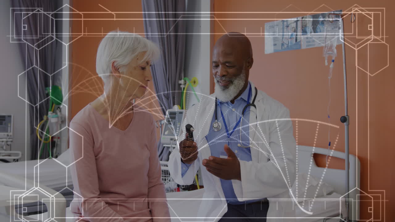 animación de una cadena de adn sobre un médico afroamericano con una paciente femenina