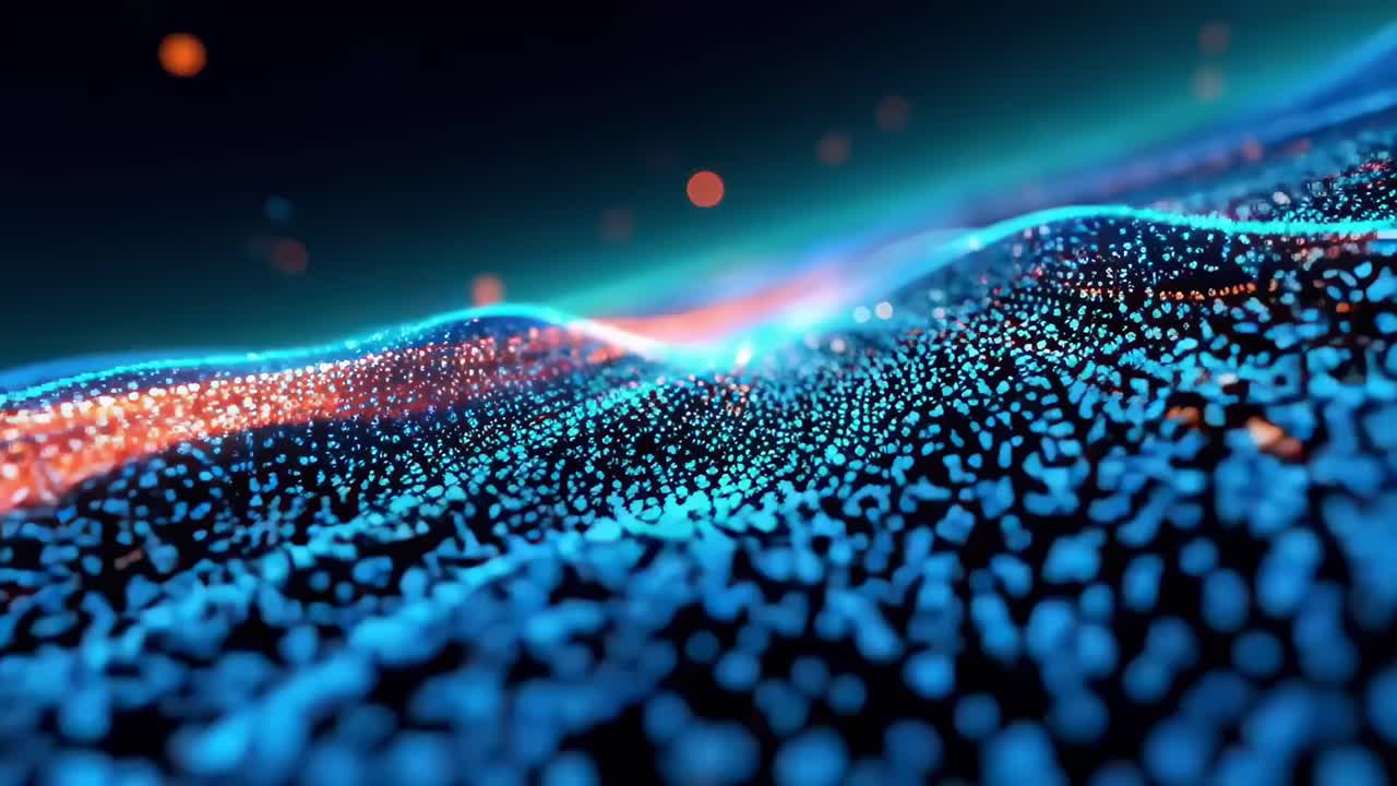 Dynamic video of glowing particles forming waves, captured from a low-angle perspective