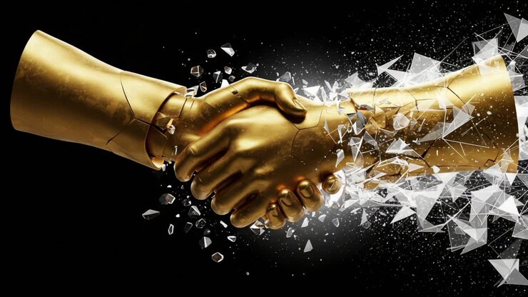 The Transformative Power of Connection: A Golden Handshake Symbolizing Unity and Strength Amidst Fracture and Change, Highlighting the Essence of Collaboration