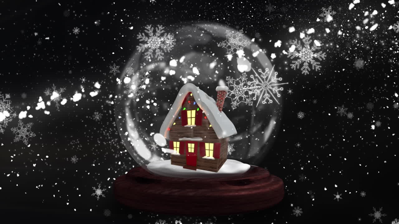 눈 위에 집과 어두운 배경에 별이 있는 눈 지구의 애니메이션