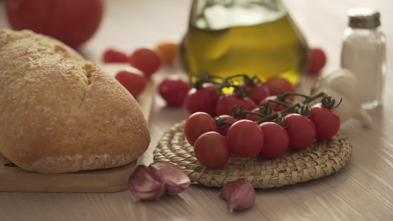 Mediterranean food bread oil olive and tomato