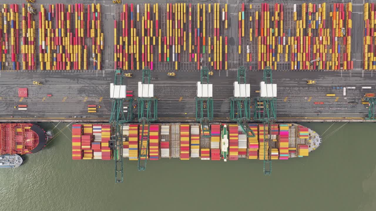 Aerial view of Port of Antwerp logistics terminal with cargo containers, Belgium