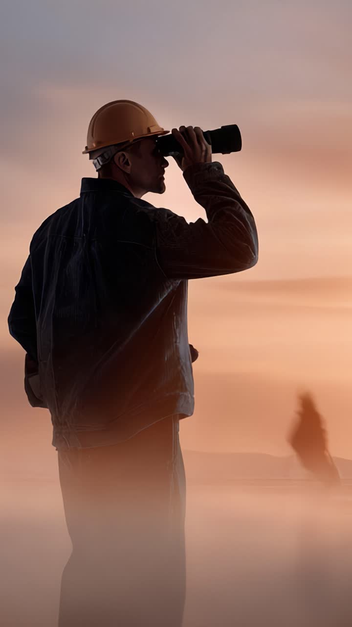 Un osservatore costruttivo: un lavoratore con un casco osserva l'orizzonte con un telescopio mentre altri si muovono in silhouette sullo sfondo di un tramonto mozzafiato