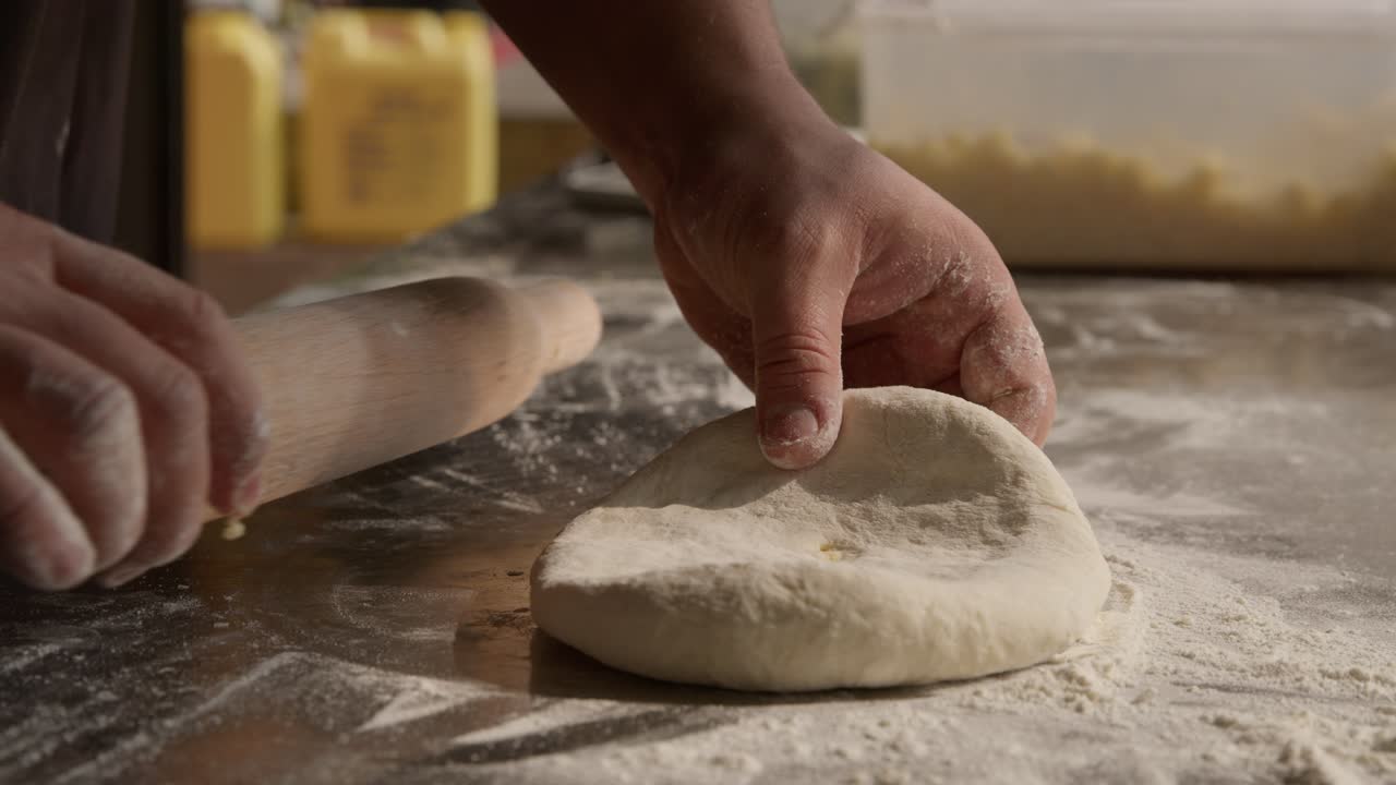Preparation of the dough for pie, chef rolling dough using roll and flour