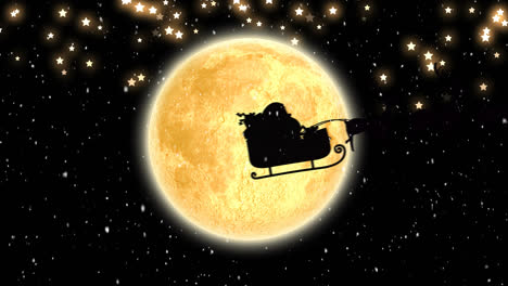 animación de santa claus en trineo con renos moviéndose sobre la luna en fondo oscuro